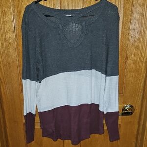 Colorblock Long Sleeve Top - Gray, White, and Brown/Maroon